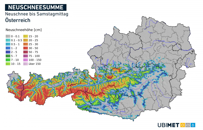 In der Nacht auf Samstag sinkt die Schneefallgrenze in den Nordalpen gegen 1000 m ab, stellenweise sogar etwas tiefer. So sind vorübergehend selbst in Mariazell nasse Schneeflocken möglich. Am meisten Neuschnee fällt in den Gletscherregionen am Alpenhauptkamm mit bis zu 50 cm Neuschnee.