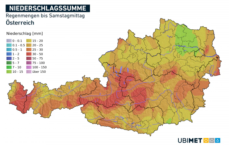 Regenmengen von Freitagmittag bis Samstagmittag