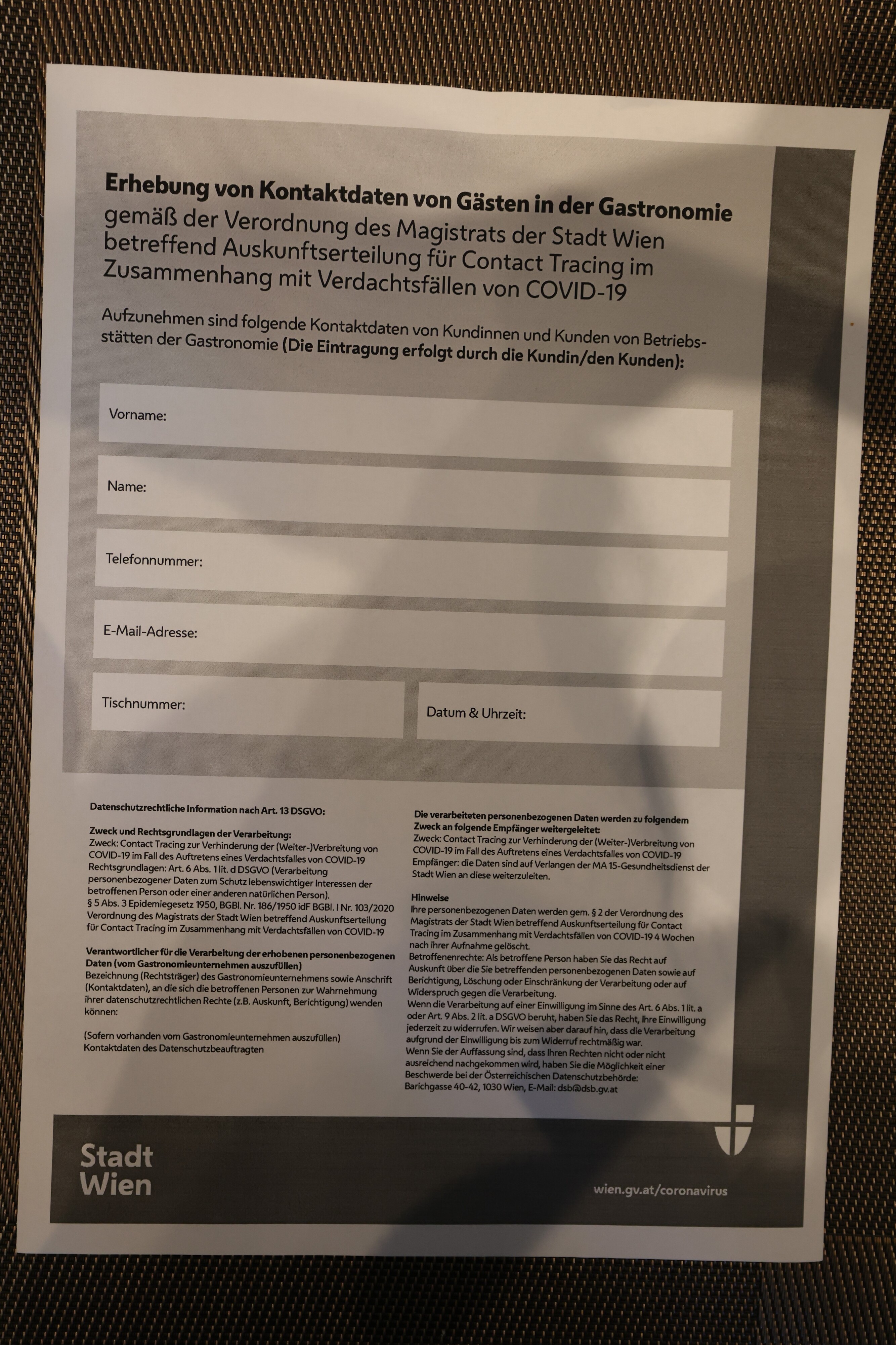 Das Registrier-Formular der Stadt Wien