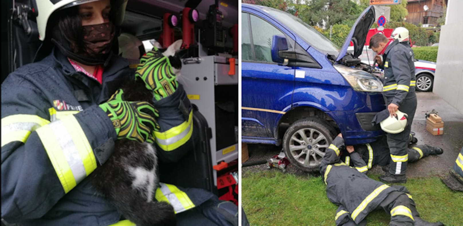 Die Feuerwehr Gmunden im Einsatz für eine im Motorraum festgesteckte Katze (links).