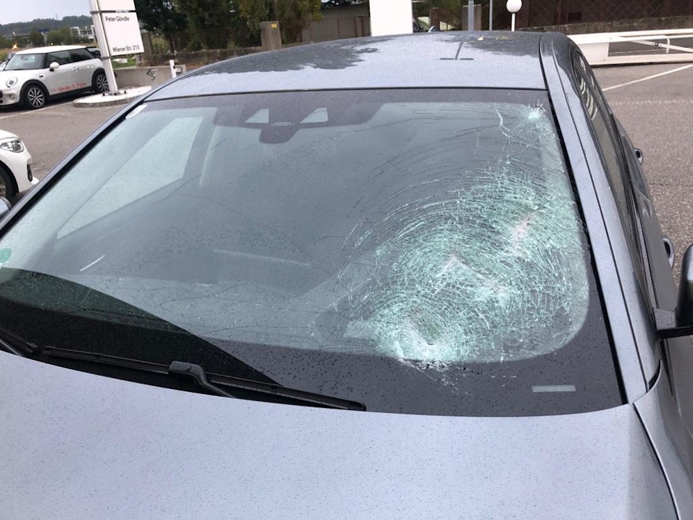 Die Windschutzscheibe am Dienstwagen von LH Stelzer wurde arg ramponiert.