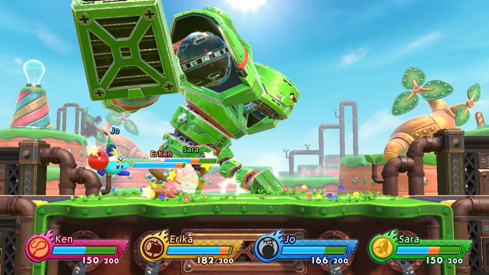 In "Super Smash Bros."-Manier tritt Kirby in "Kirby Fighters 2" in vielen Formen und Farben gegen computergesteuerte oder menschliche Gegner online wie offline an.