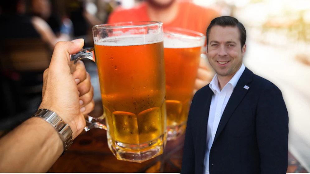 FP-Stadtrat Klaus Otzelberger und Symbolfoto von Biergläsern.