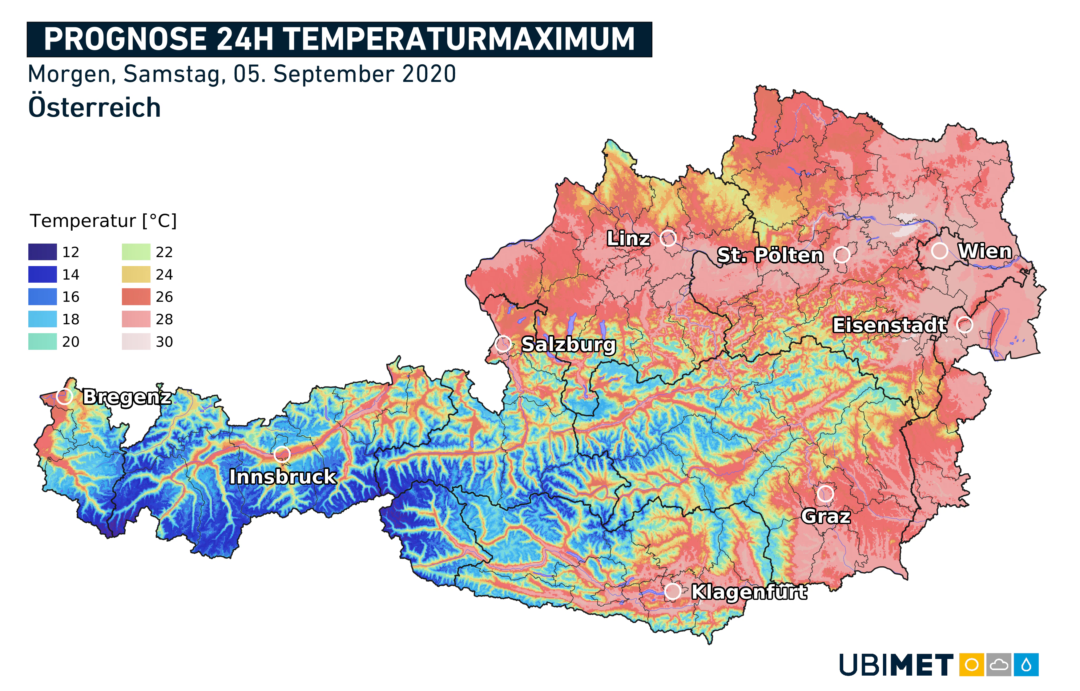 Temperaturhöchstwerte am Samstag, 5. September 2020