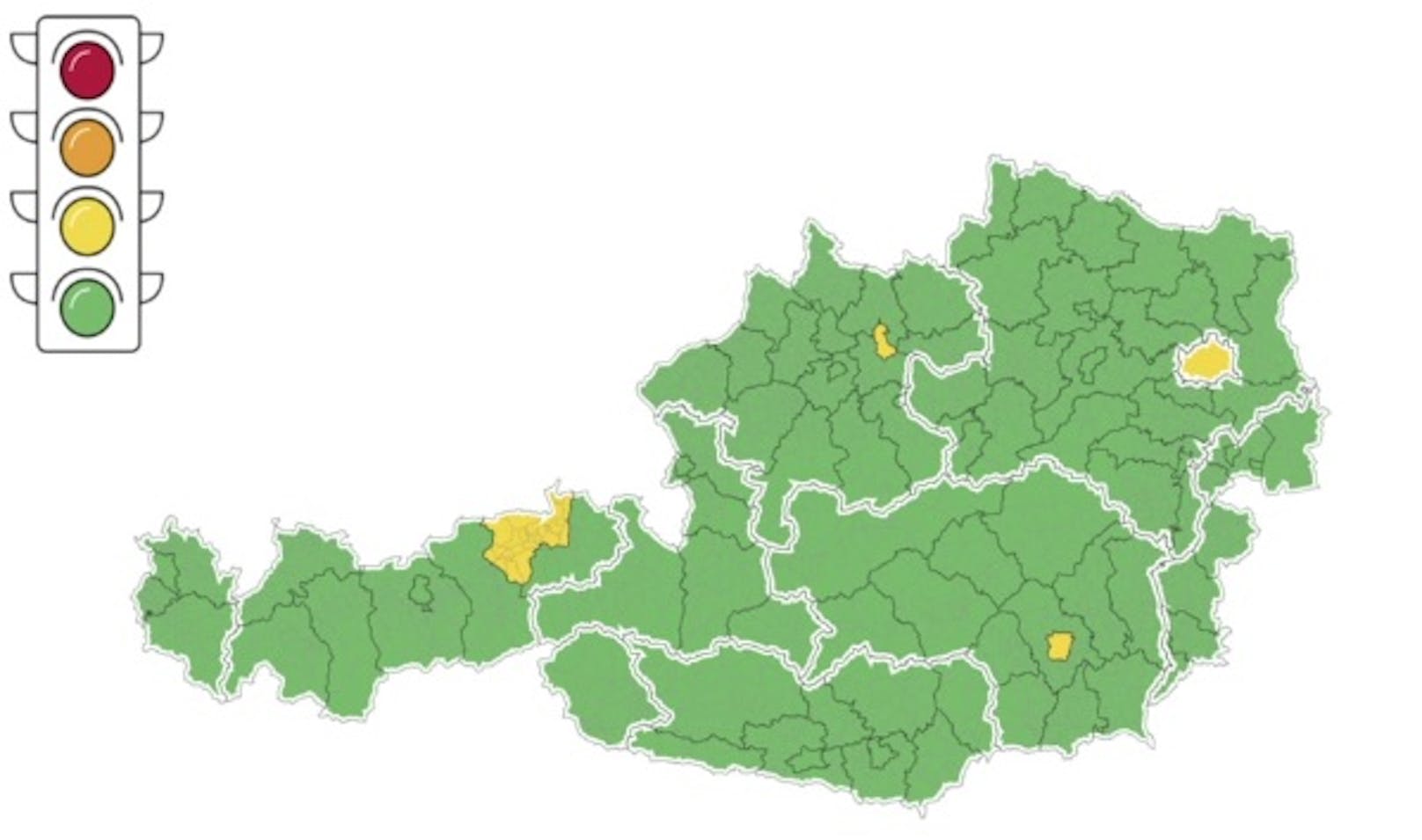 10 Regionen und Städte sind nun gelb.