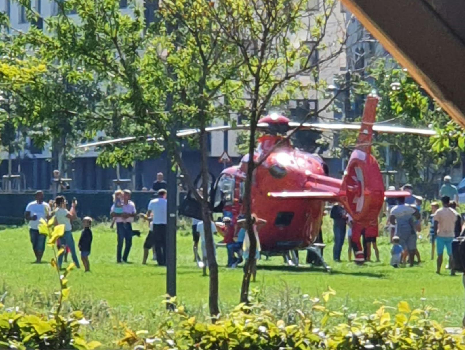 Wiener machten Fotos beim Rettungs-Hubschrauber.