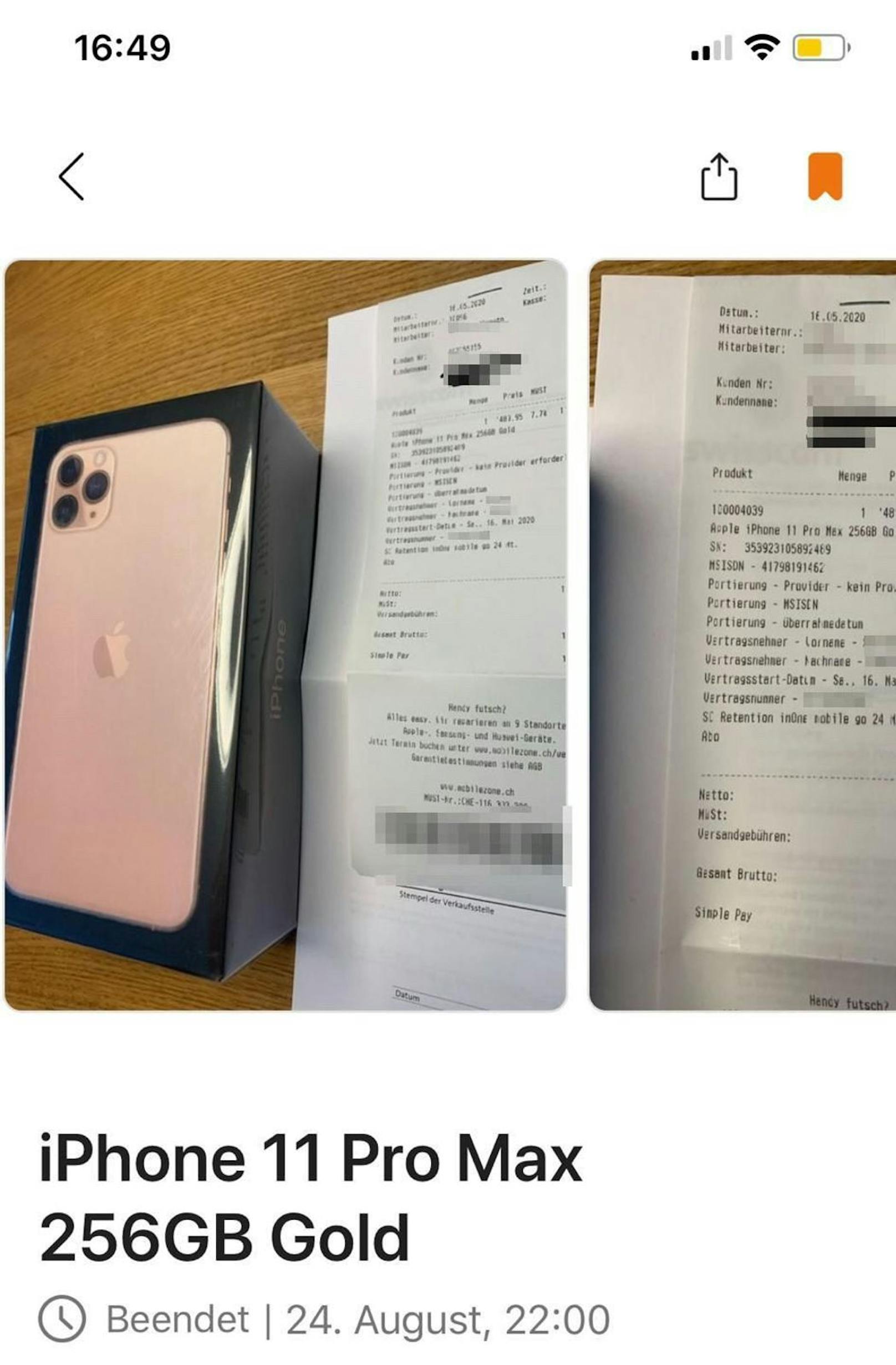 Mit dem Bild wollte der Verkäufer beweisen, dass er das iPhone tatsächlich in Besitz hat.