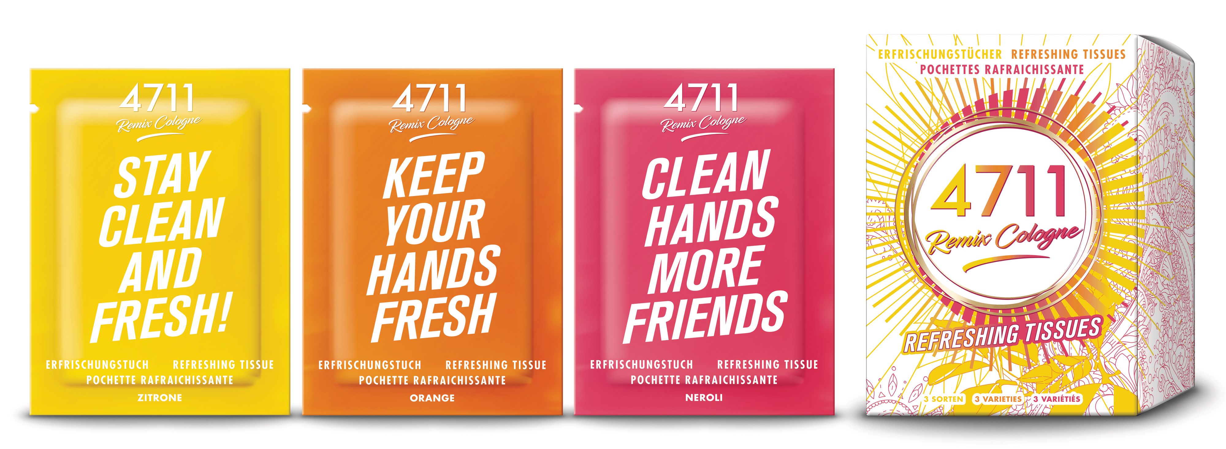 Das peppige Design in Kombination mit frechen Sprüchen auf den einzelnen Sachets sorgt für Freude und Abwechslung und beweist, dass Hygiene auch Spaß machen kann!