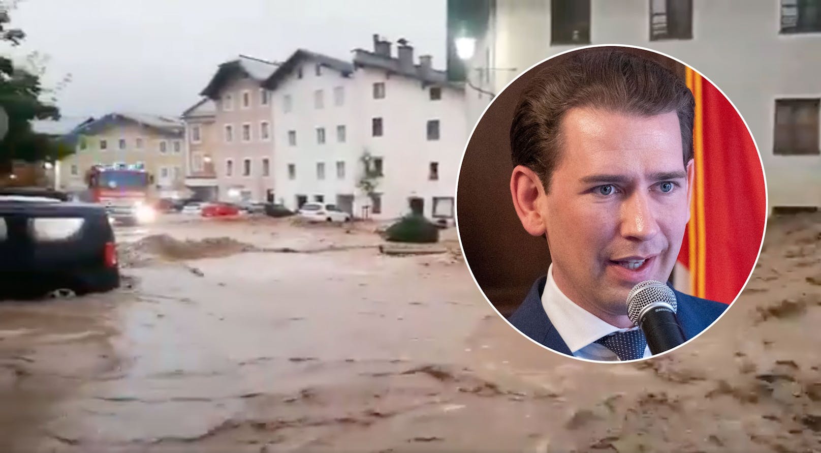 Bundeskanzler Sebastian Kurz (VP) reagiert zur Flut-Katastrophe in Hallein.