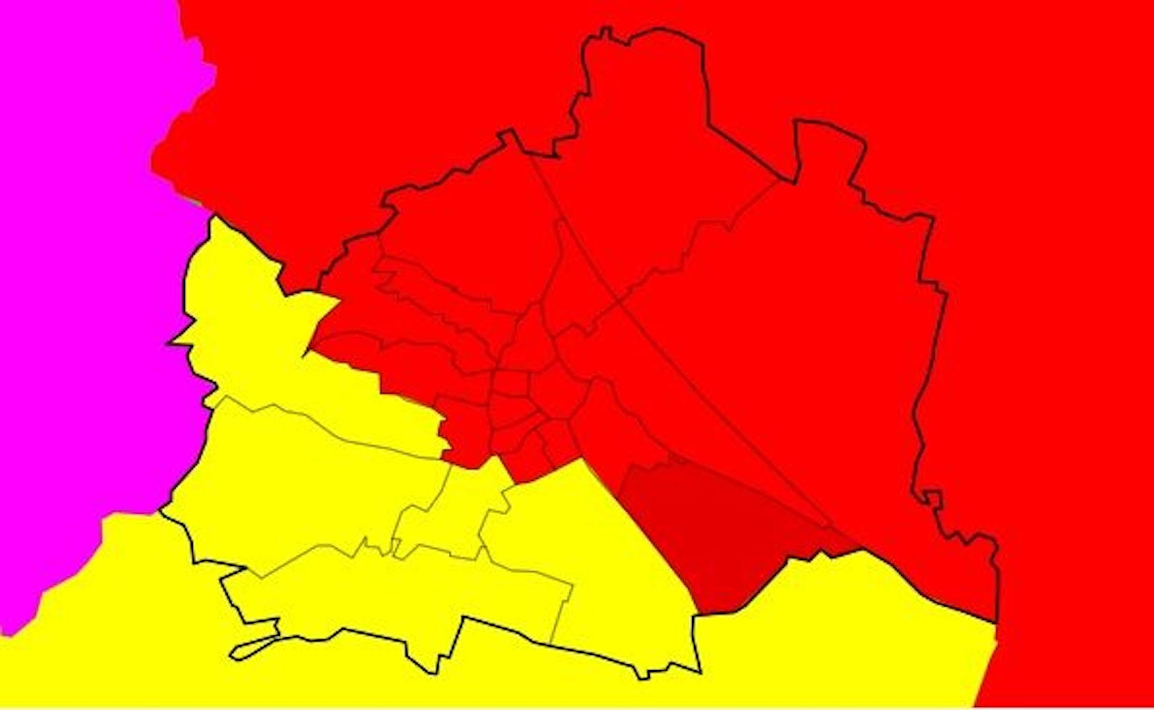 In Wien selbst sind die meisten Bezirke rot ausgewiesen. Gewitter und Hagel stehen bevor!