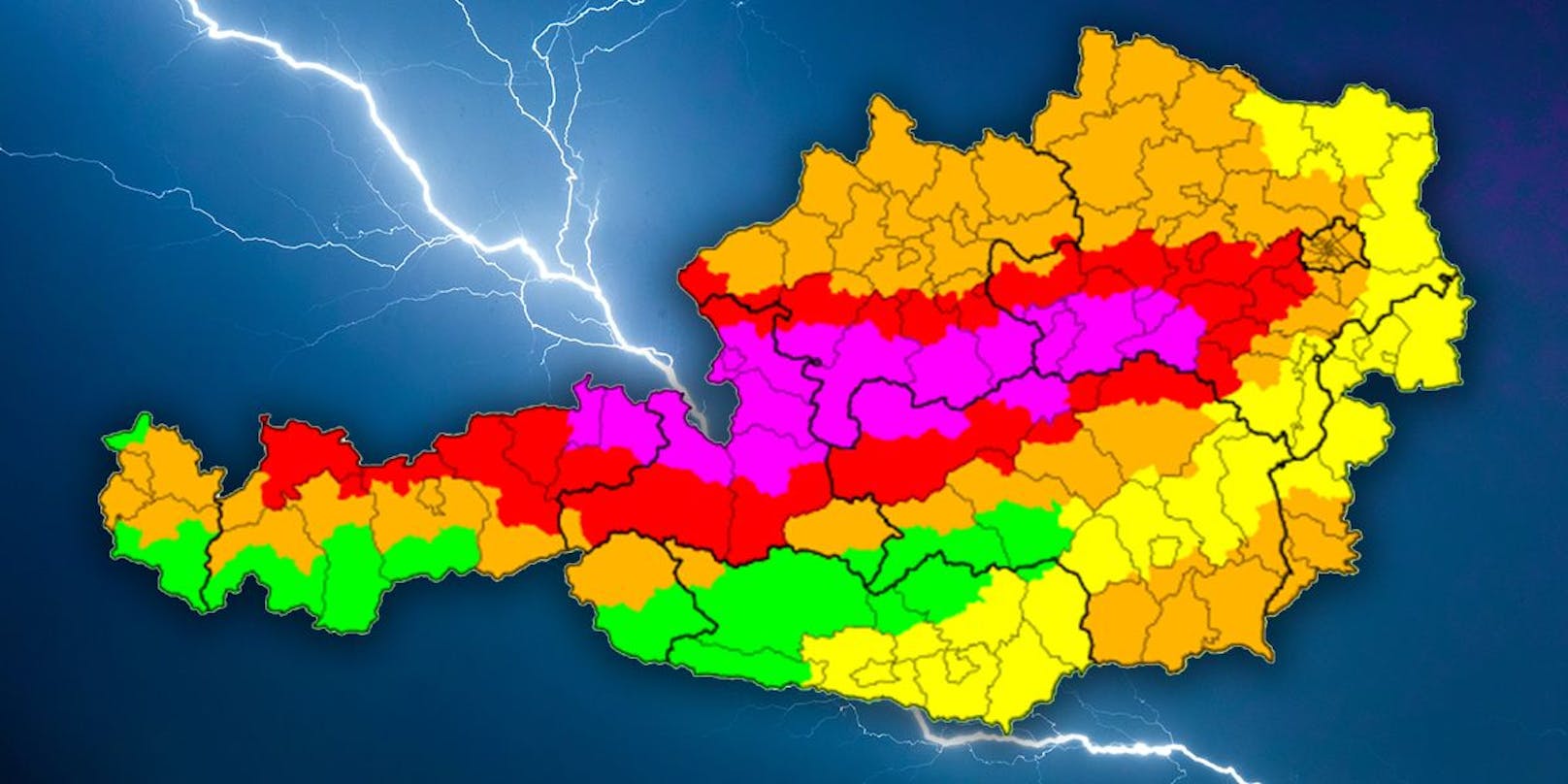 Höchste Unwetterwarnung für weite Teile Österreichs.