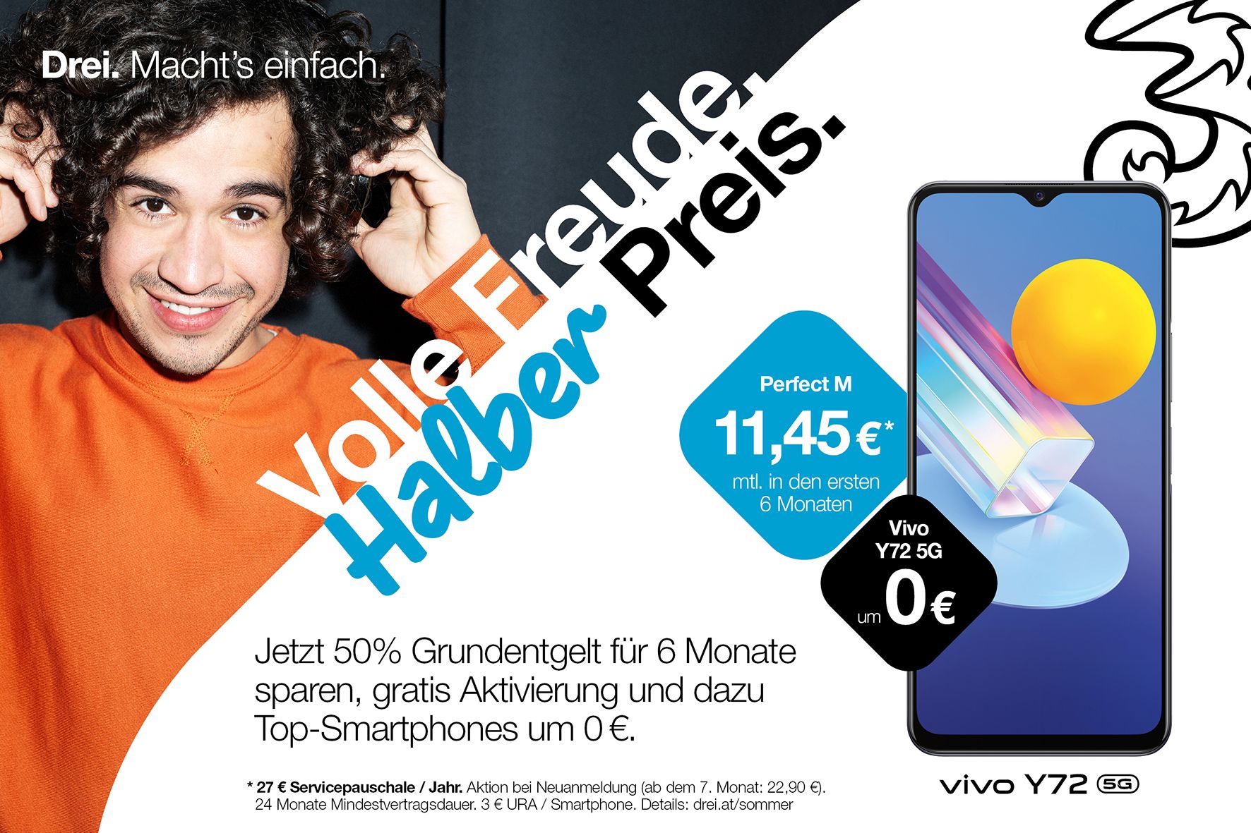 Sprachtarife bei Drei: Sechs Monate lang volle Freude, halber Preis.