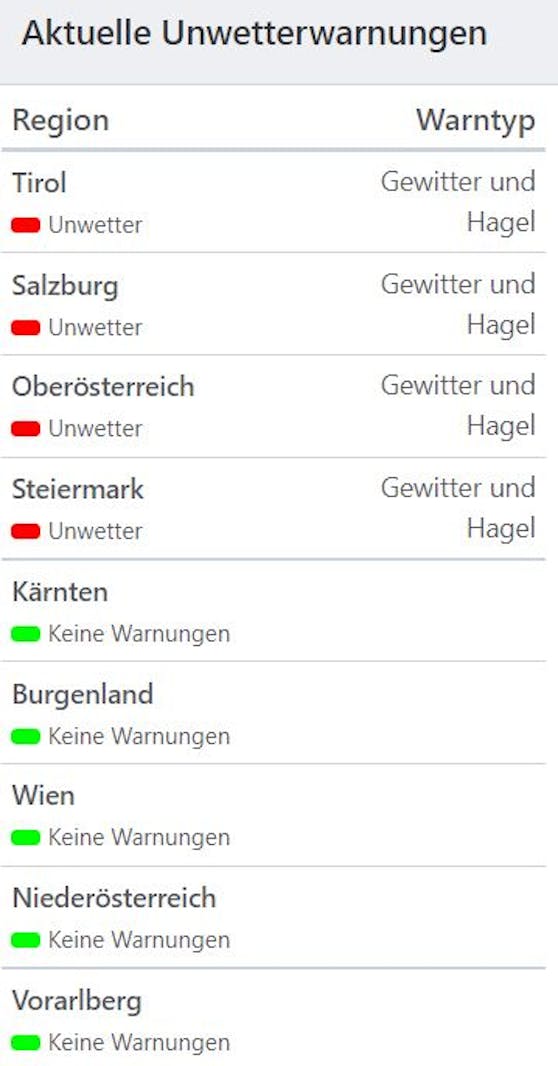 Aktuelle Unwetterwarnungen (Stand 21.55 Uhr)
