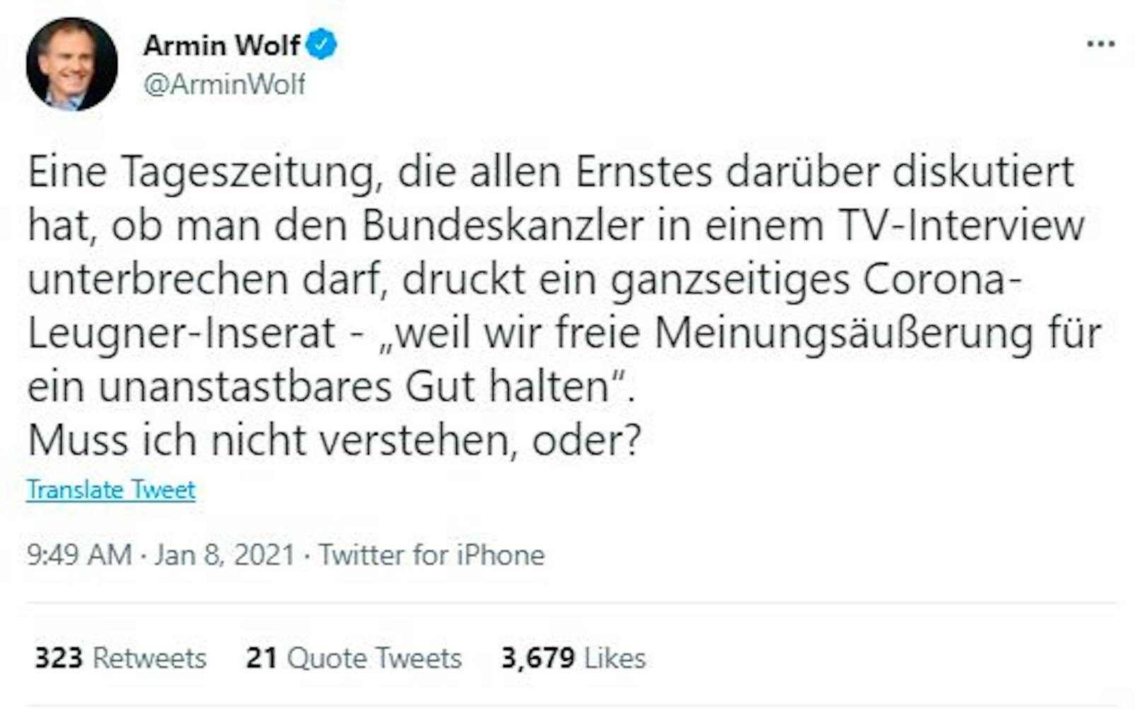 Armin Wolf kritisierte auf Twitter ein "Corona-Leugner-Inserat". 