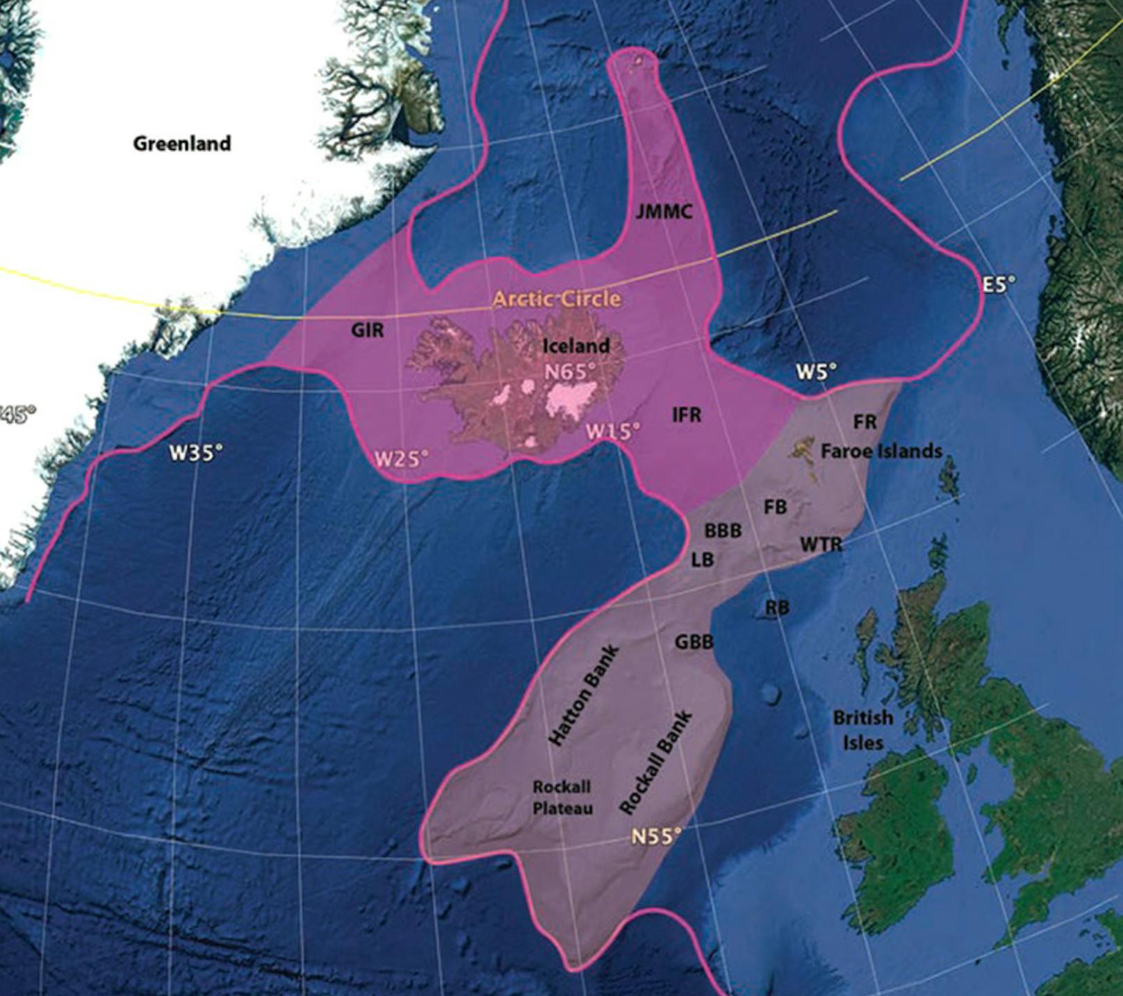 Der Icelandia getaufte Mikrokontinent erstreckt sich, der Theorie nach, auf über 600.000 Quadratkilometern, von Grönland bis zu den Faröer Inseln (pink). Wenn man die angrenzenden Gebiete westlich von Großbritannien in ein Greater Icelandia (helleres pink) einbezieht, könnte das Gebiet sogar eine Million Quadratkilometer groß sein. 