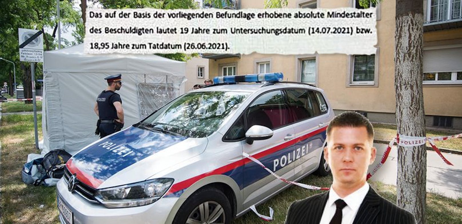 Anwalt Mathias Burger; Ausschnitt aus Befund; Tatort in Wien