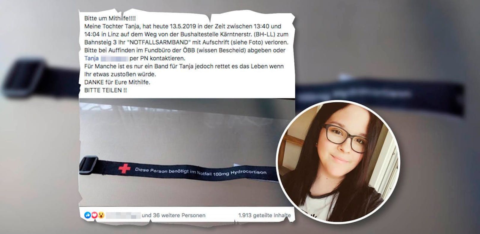 Die Mutter der jungen Traunerin startete auf Facebook einen Suchaufruf nach dem verlorenen Notfallarmband.