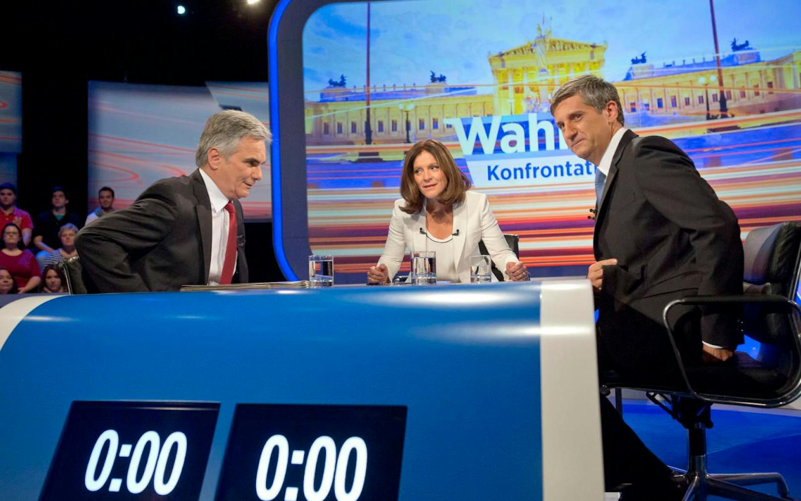 Alte Bekannte: ORF-Konfrontation mit den Spitzenkandidaten von ÖVP und SPÖ, Werner Faymann und Michael Spindelegger, zur Nationalratswahl 2013.