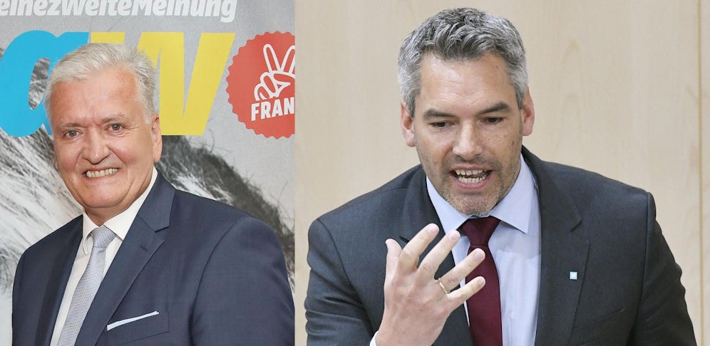 Karl Nehammer (re.), Generalsekretär der ÖVP von Sebastian Kurz, fordert den Rücktritt von Franz Schnabl (li.) 