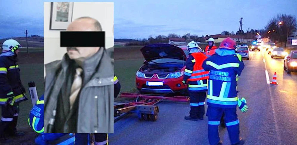 Angeklager vor Gericht (kl. Bild); Feuerwehr musste demolierten Pkw bergen.