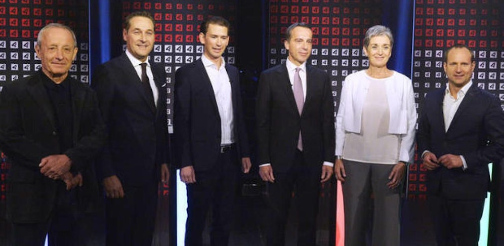 Die Spitzenkandidaten (v.l.: Pilz, Strache, Kurz, Kern, Lunacek und Strolz) geben den Privatsendern den Vorzug.