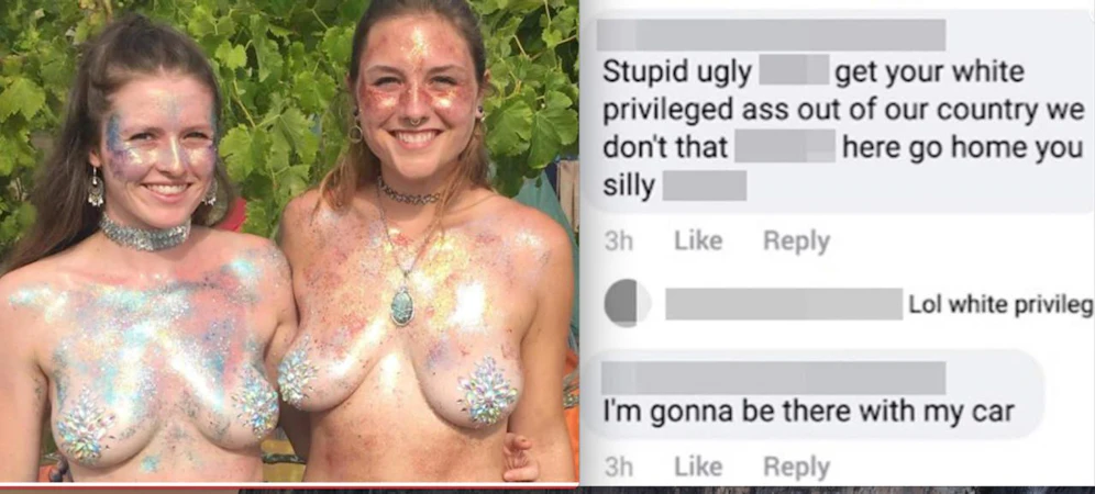 Madeline Anello-Kitzmiller (re.) und ihre Freundin Katie Ashworth haben Angst. Ein Netz-Troll kündigte an, die "Glitzer-Brüste-Girls" mit einem Wagen zu überfahren (re.). 