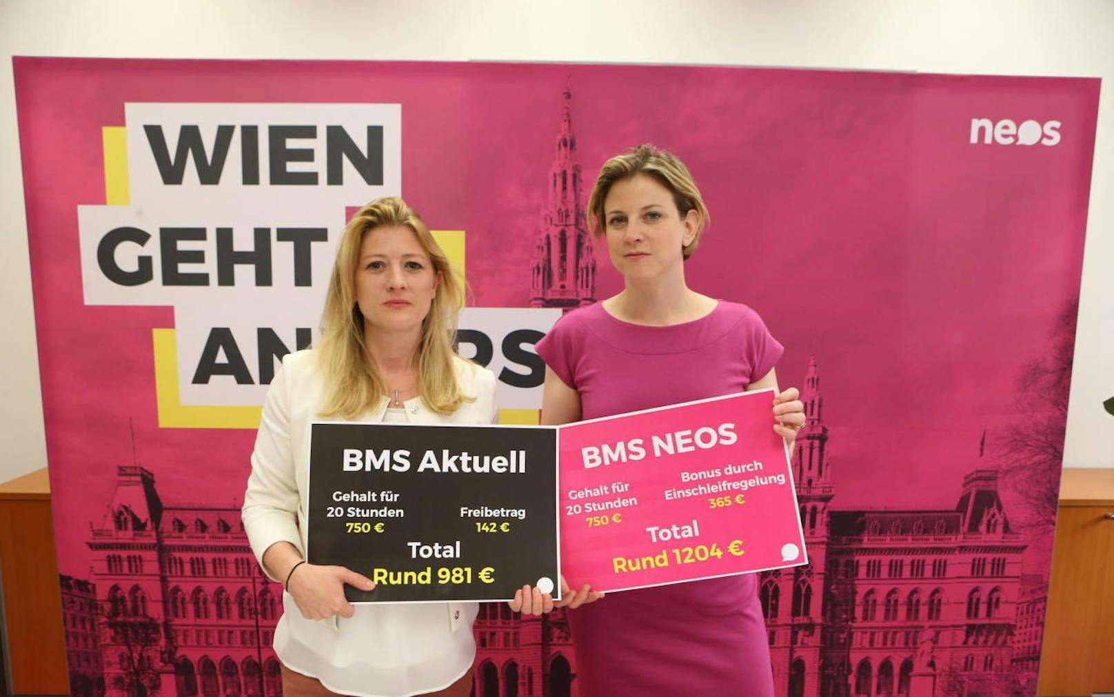 Neos-Gemeinderätin Bettina Emmerling und Neos-Chefin Beate Meinl-Reisinger fordern mehr Anreiz für Job-Einsteiger.