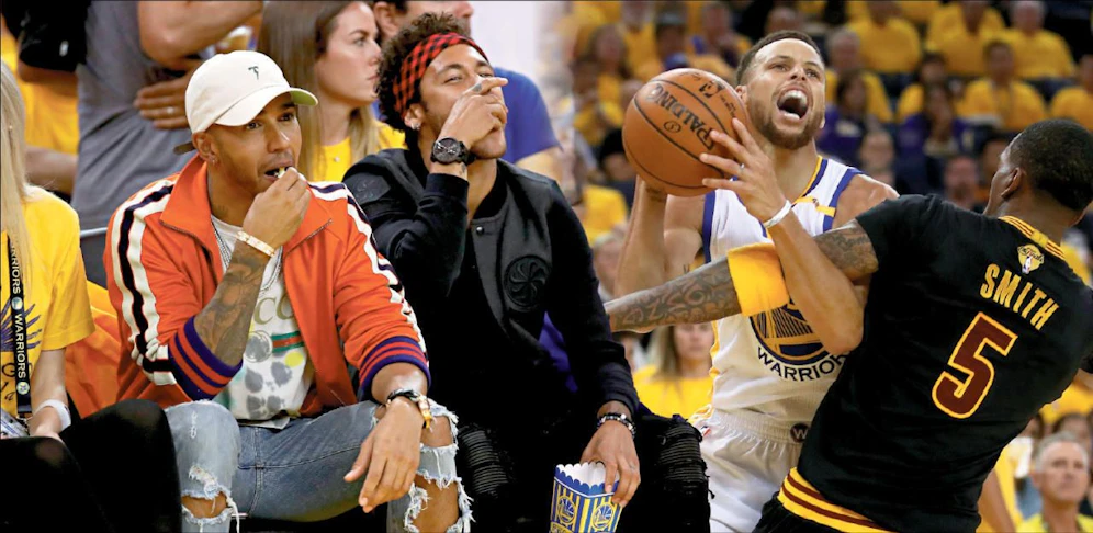 Während Curry (r.) auf dem Court zaubert, haben Hamilton und Neymar beim Popcorn mampfen ihren Spaß. 
