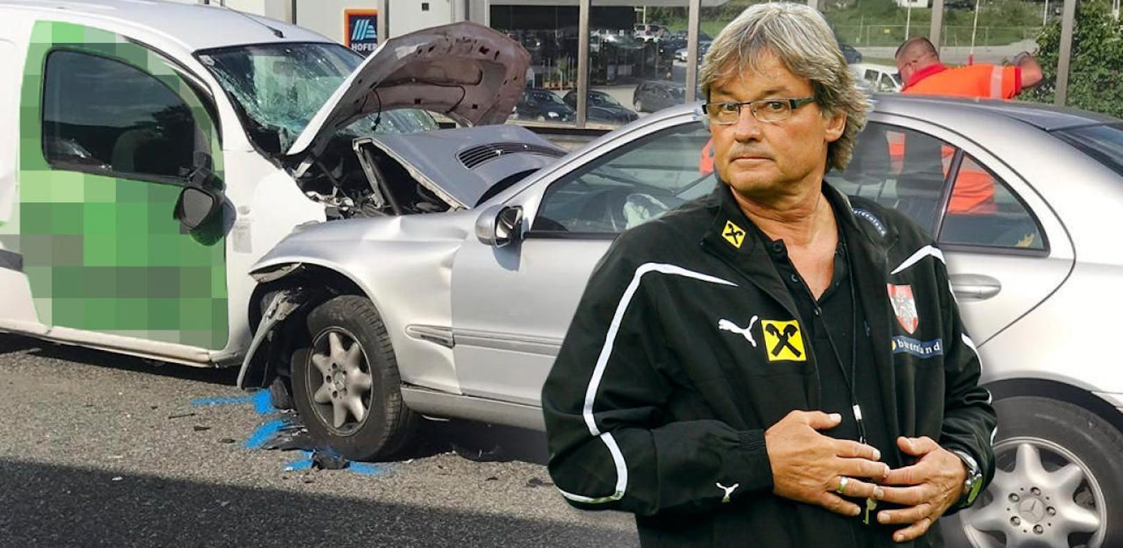Didi Constantini als ÖFB-Teamchef, im Hintergrund das Unfallauto.