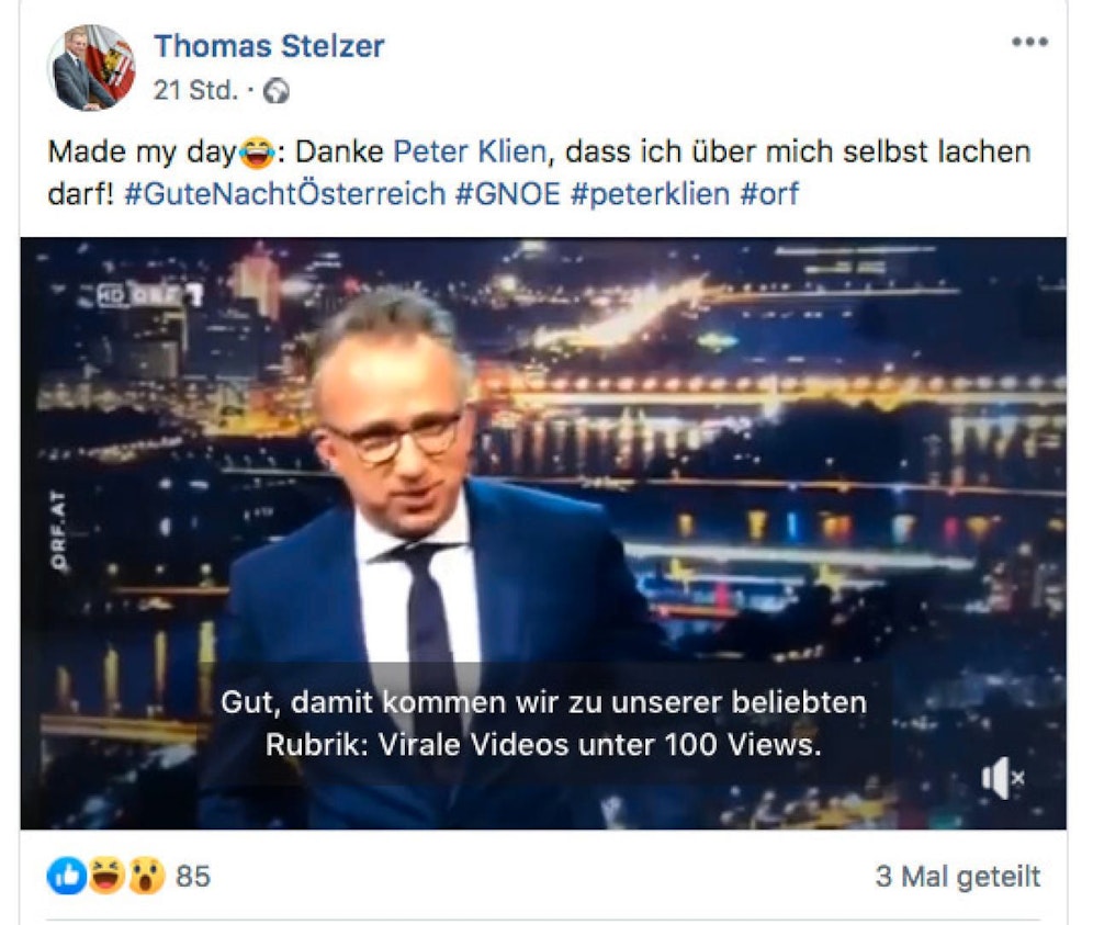 Satiriker Peter Klien nahm LH Thomas Stelzer in die Mangel, der nahm es mit Humor.