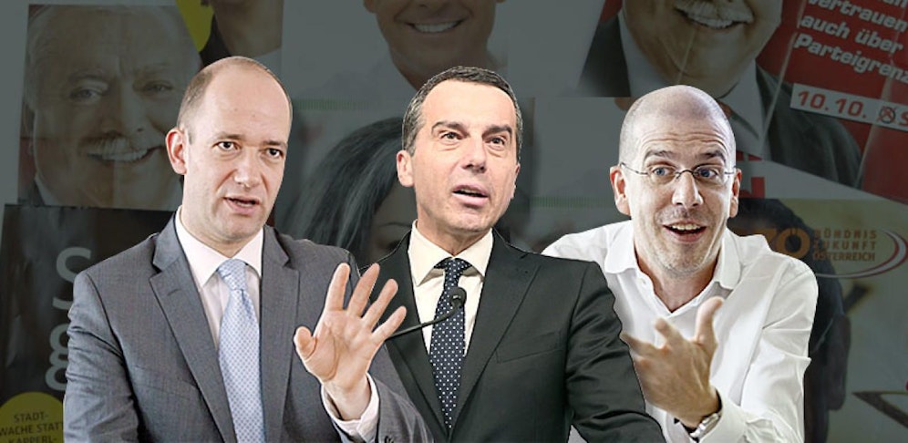 Die Politik-Experten Thomas Hofer (li.) und Peter Hajek (re.) erklären warum sich Ex-Kanzler Christian Kern (Bild mitte) plötzlich als verbaler "Haudrauf" präsentiert.