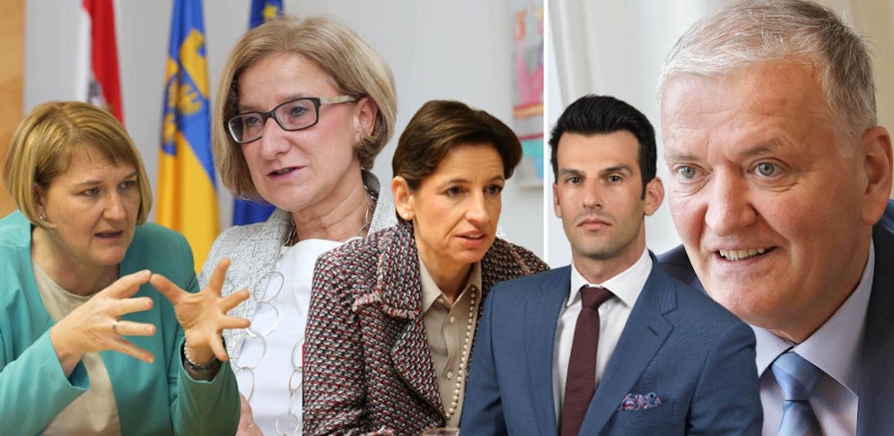 Grünen NÖ-Chefin Helga Krismer, VP-Landeshauptfrau Johanna Mikl-Leitner, NEOS NÖ-Sprecherin Indra Collini, FPNÖ-Obmann Udo Landbauer und SPNÖ-Parteivorsitzender Franz Schnabl.