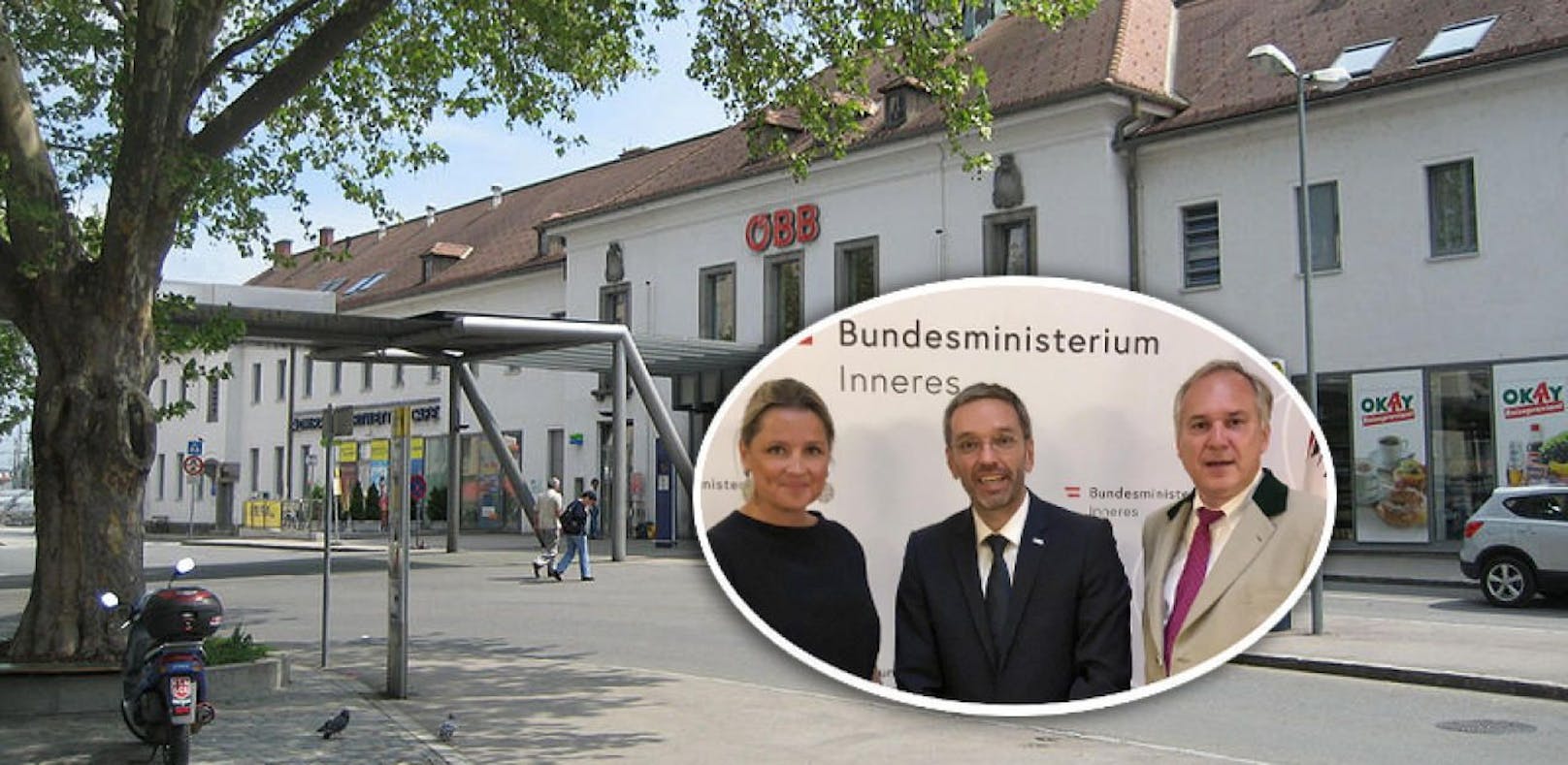 Susanne und Walter Rosenkranz mit Kickl (mi.), der Kremser Bahnhof im Hintergrund.