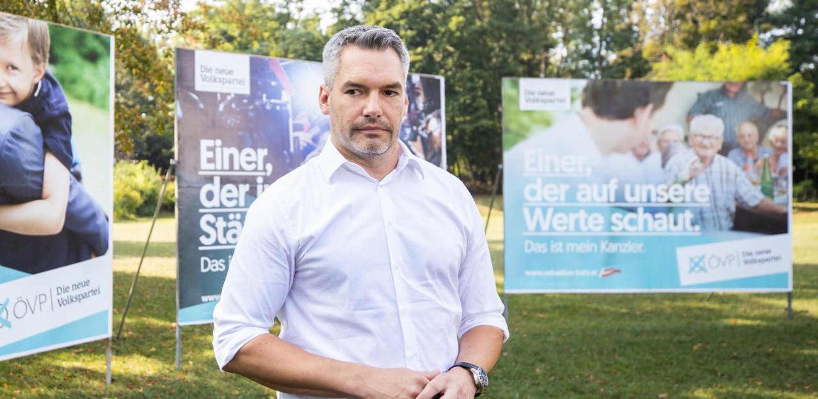 Generalsekretär Karl Nehammer am Mittwoch, 28. August 2019, im Rahmen einer Plakatapräsentation der ÖVP zur Nationalratswahl 2019 in Wien.