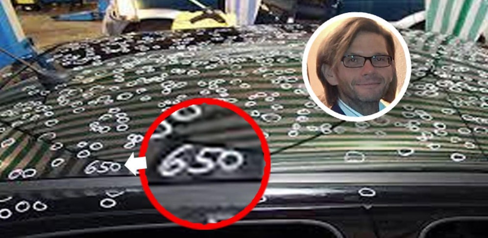 650 Einschläge, 8.000 Euro Schaden  macht rund 12,30 Euro pro Hagelkorn und Delle.