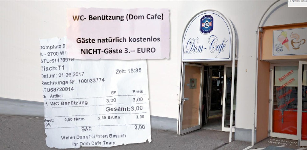 Die Rechnung des Kaffeehauses - oben: die "Klo-Warnung"