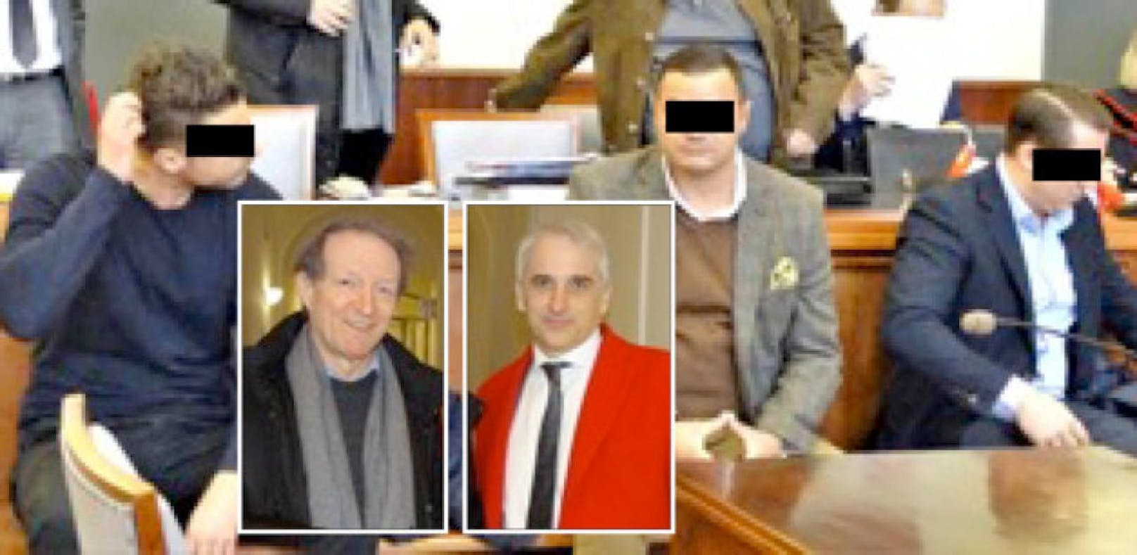 Die 3 Angeklagten, kl. Fotos: Anwälte W. Blaschitz (l.) und Michael Dohr.