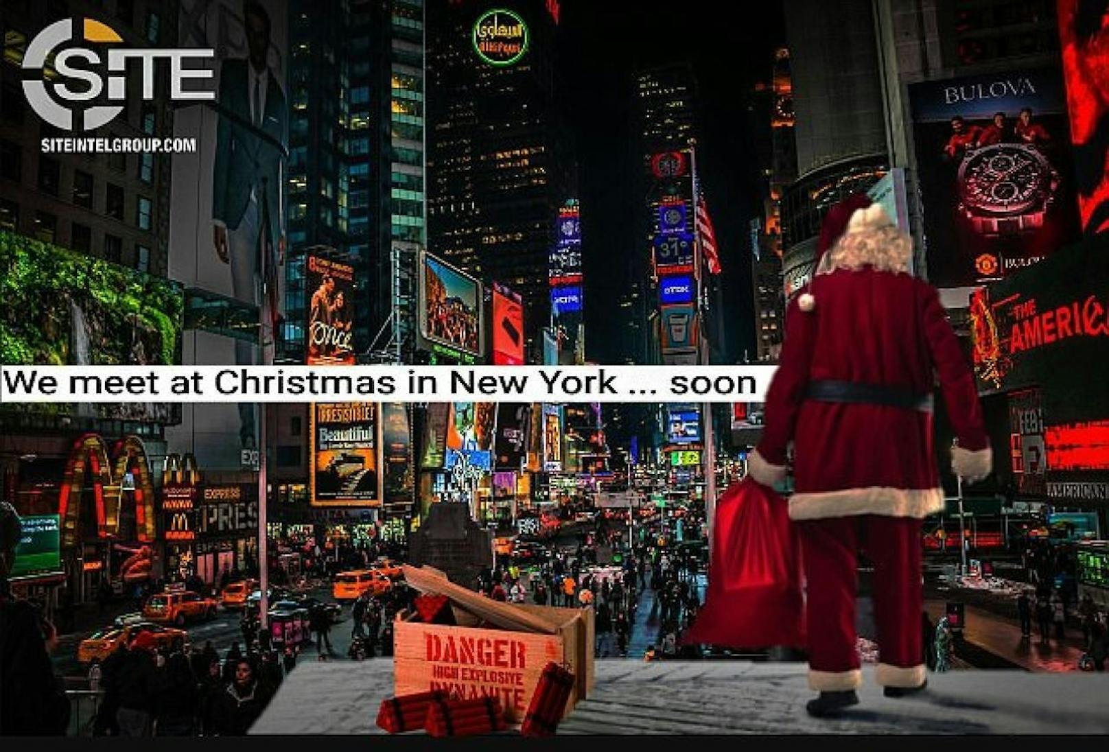 Gruselig: &quot;Wir sehen uns bald an Weihnachten in New York&quot; schrieb der IS. Der Weihnachtsmann steht neben einer Kiste mit Dynamit. 