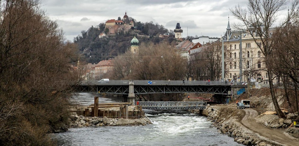 Bau des Murkraftwerks in Graz, im Bild eine Baustelle des neuen Murkraftwerks mit Errichtung des Speicherkanals in Graz beim Augarten am 01. Februar 2018.