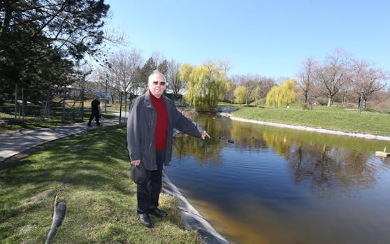Pensionist Johannes H. (77) vor dem Teich in Oberlaa, wo die Kinder ins Wasser fielen.