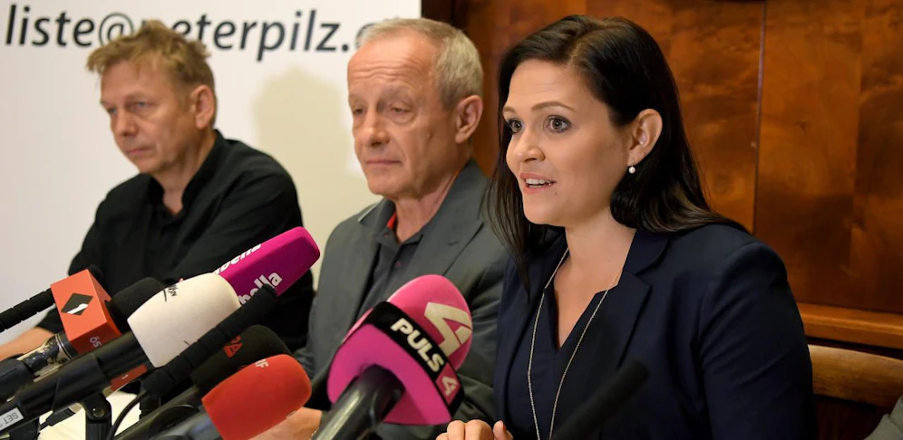 Wolfgang Zinggl, Peter Pilz und Daniela Holzinger-Vogtenhuber im Rahmen einer PK der Liste Peter Pilz im Juli 2017.