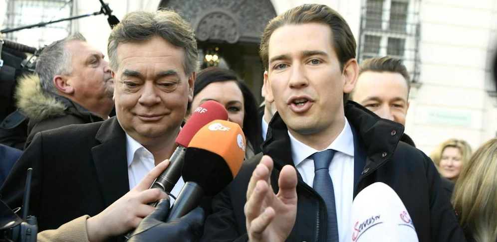 (v.l.) Werner Kogler und Sebastian Kurz auf dem Weg zur Angelobung der neuen türkis-grünen Regierung am Dienstag, 07. Jänner 2020, in der Präsidentschaftskanzlei in der Hofburg in Wien.