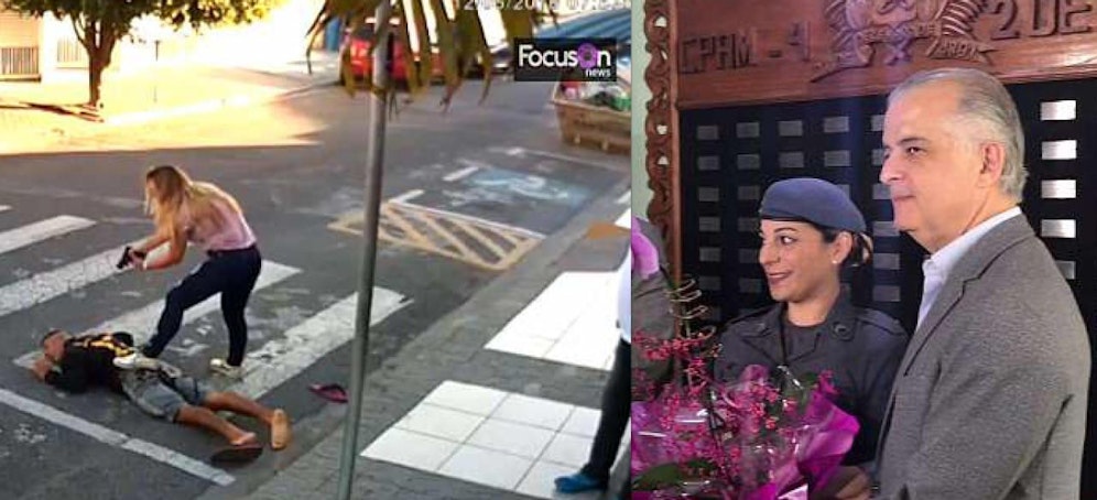 Militärpolizistin Katia da S. (42) hat den Räuber (21) vor der Schule überwältigt und wird später geehrt. 