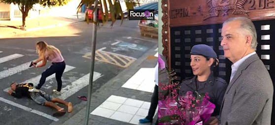 Militärpolizistin Katia da S. (42) hat den Räuber (21) vor der Schule überwältigt und wird später geehrt.