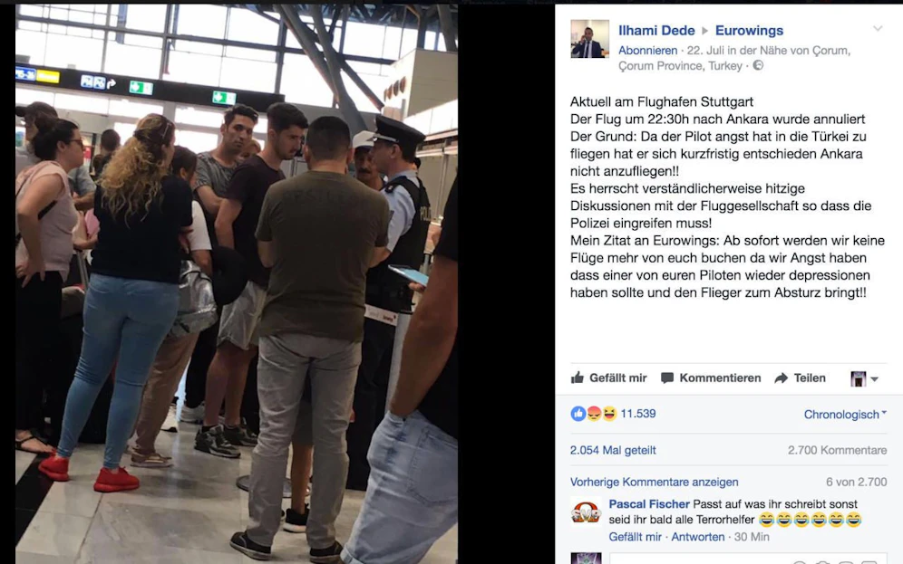 Sagte der Pilot seinen Flug aus Angst vor der Türkei ab? Dieser umstrittene Post eines Facebook-Users verursachte eine Welle der Empörung vor allem türkischstämmiger User, die zu einem Boykott von Eurowings aufriefen. 