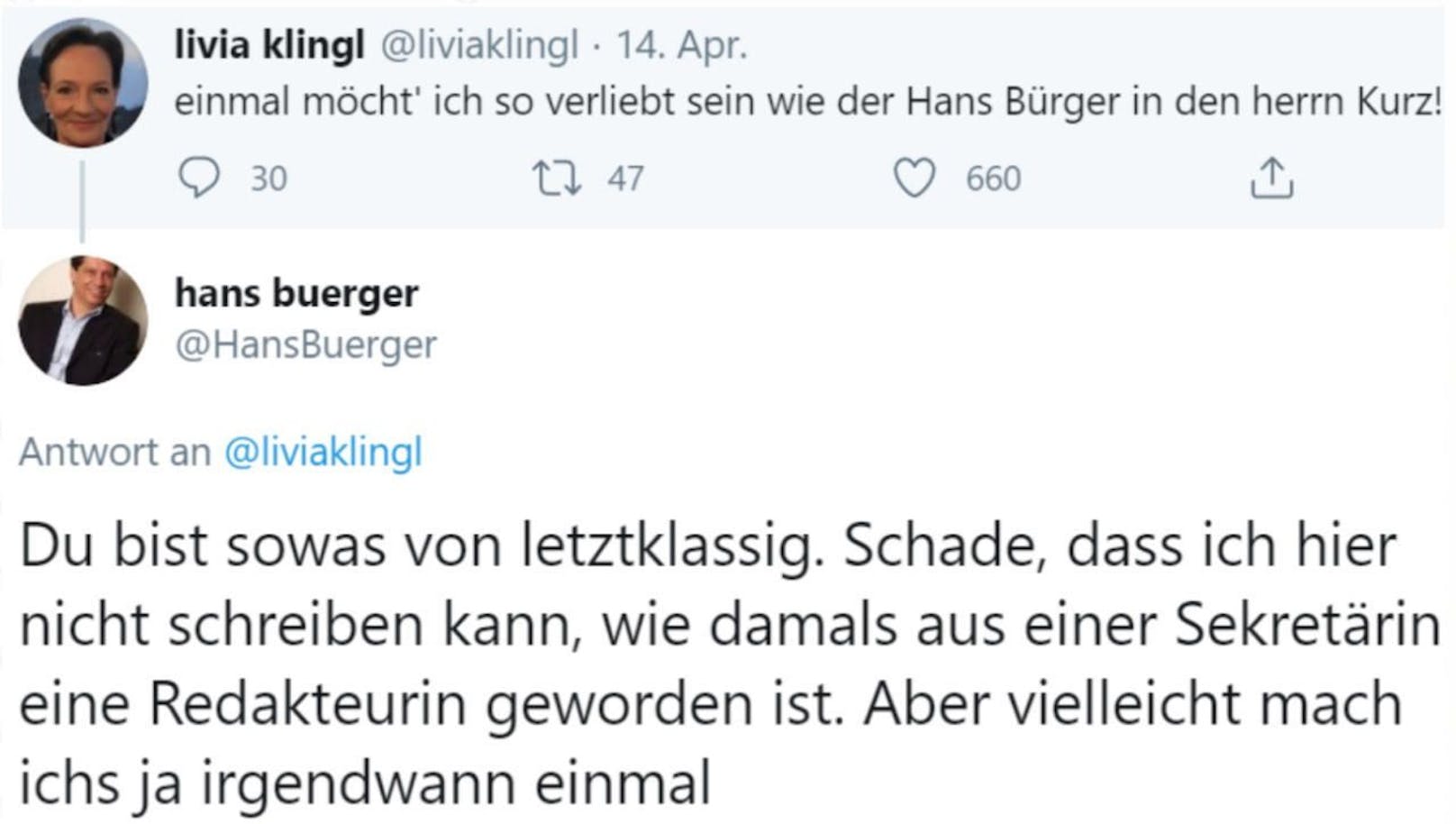 Hans Bürger lässt sich den Tweet von Livlia Klingl nicht gefallen.