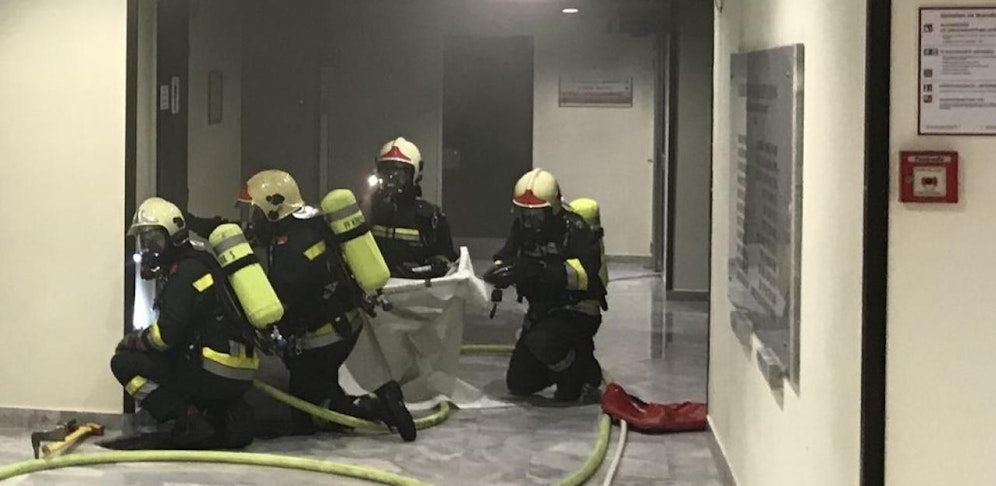 Die Feuerwehr beim Löschen.