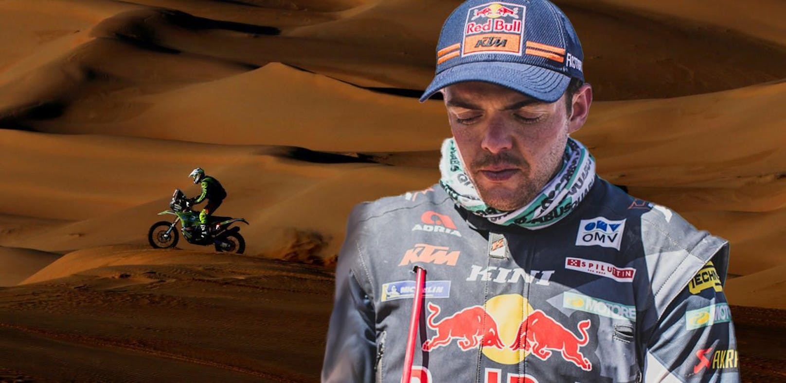 Matthias Walkner bei der Rallye Dakar. Im Hintergrund ist Edwin Straver zu sehen. Der Niederländer war nach einem Sturz zehn Minuten ohne Herzschlag und ist in kritischem Zustand.