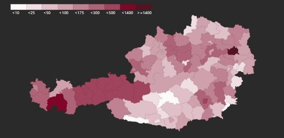 Österreichkarte: Je rötlicher umso mehr Fälle.