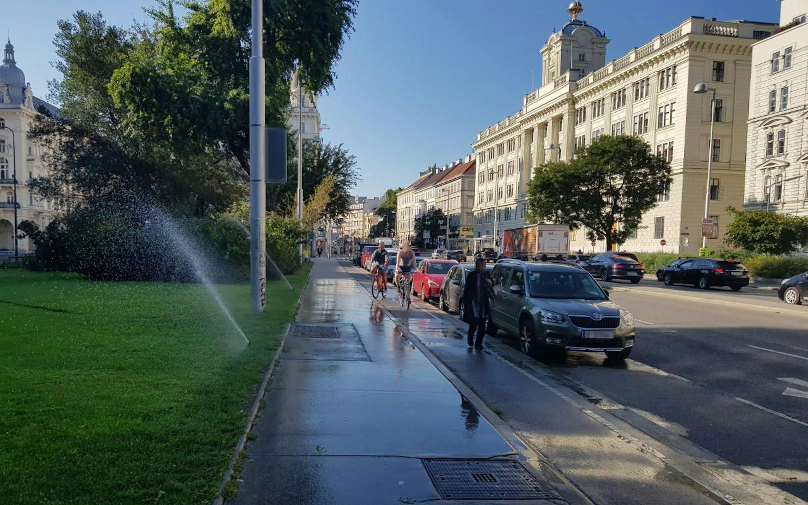 Die Rasenbewässerung am Friedrich-Schmidt-Platz (City) &quot;waschelt&quot; auch Fußgänger ein. 